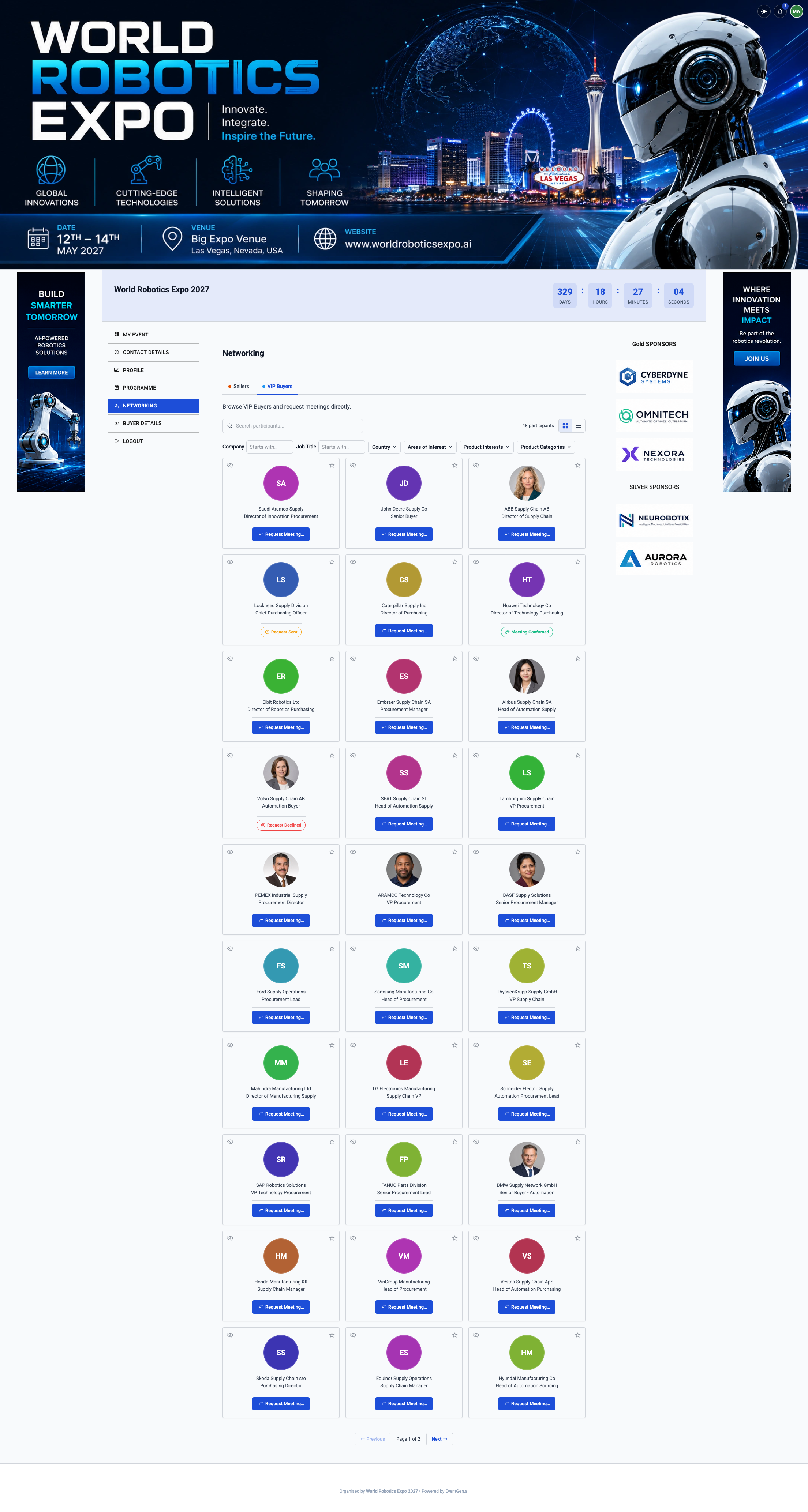 EventGen attendee networking directory with profile cards for browsing potential meeting partners