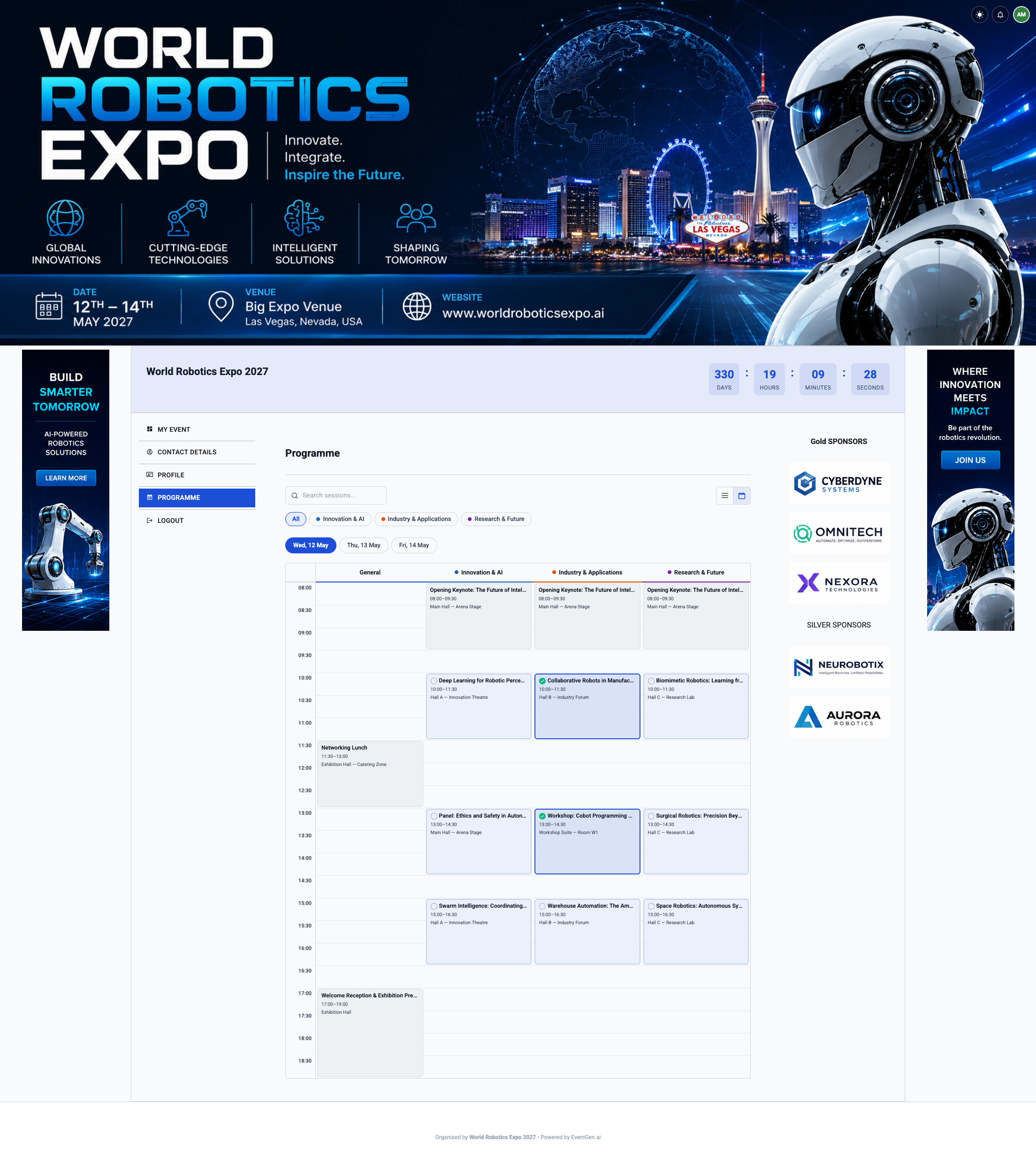 EventGen conference programme calendar with multiple sessions and tracks