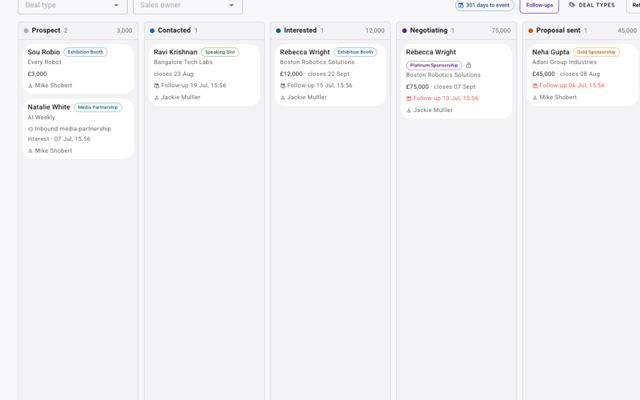 EventGen event CRM kanban pipeline showing permanent commercial deals