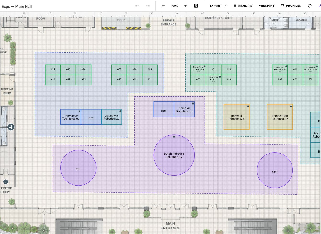 EventGen trade show floor plan with exhibition stand inventory and organiser design controls