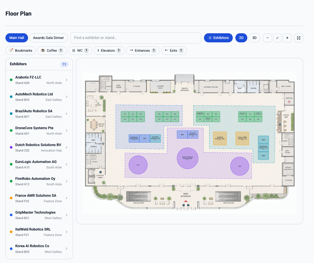 EventGen attendee portal interactive exhibition map with searchable stands and exhibitors
