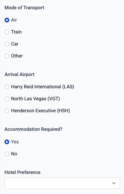 The same form when the attendee chooses Air — arrival-airport fields appear instead