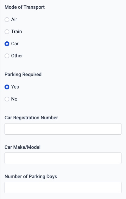 Registration form when the attendee chooses Car — parking and car-registration fields appear