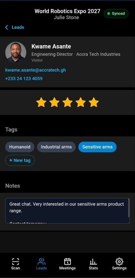 EventGen trade show lead retrieval app with attendee qualification rating, tags, and notes