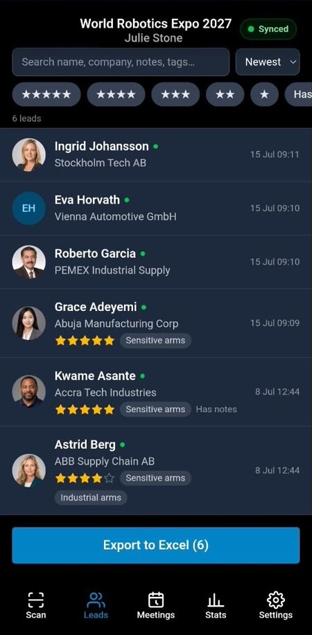EventGen Lead Retrieval app showing the complete searchable lead list with ratings, tags, notes, and Excel export