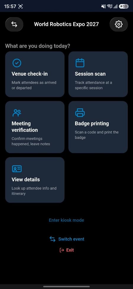 EventGen Onsite home screen with venue check-in, session scanning, meeting verification, and badge printing