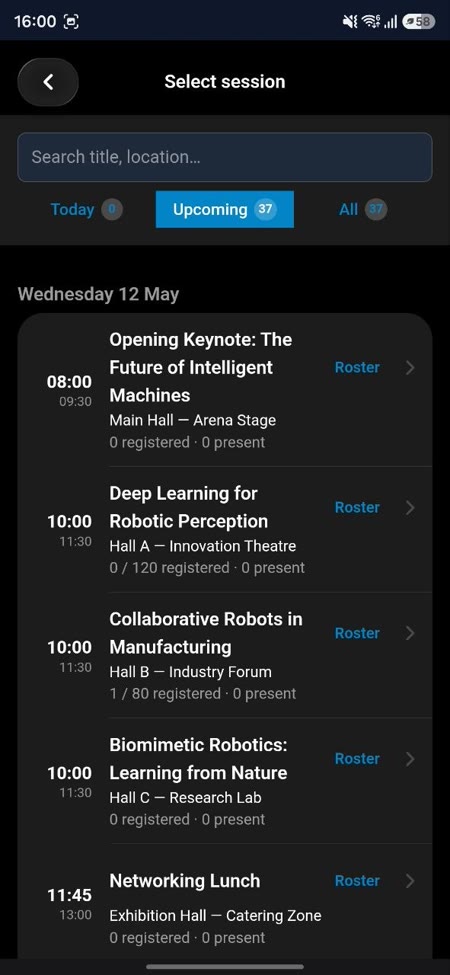 EventGen Onsite conference session list for attendee scanning and roster operations
